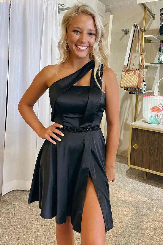 Price Reduction Chic One Shoulder Black Beaded Party Dress with Slit
