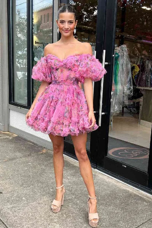 Don't Wait Off the Shoulder Hot Pink Corset Floral Ruffle Homecoming Dress
