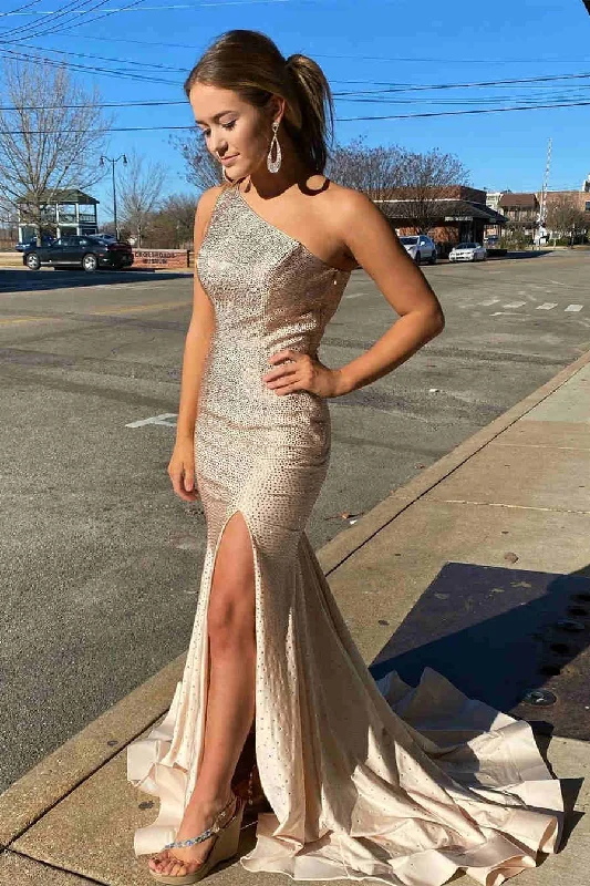 Now or Never Elegant One SHoulder Long Prom Dress with Rhinestones