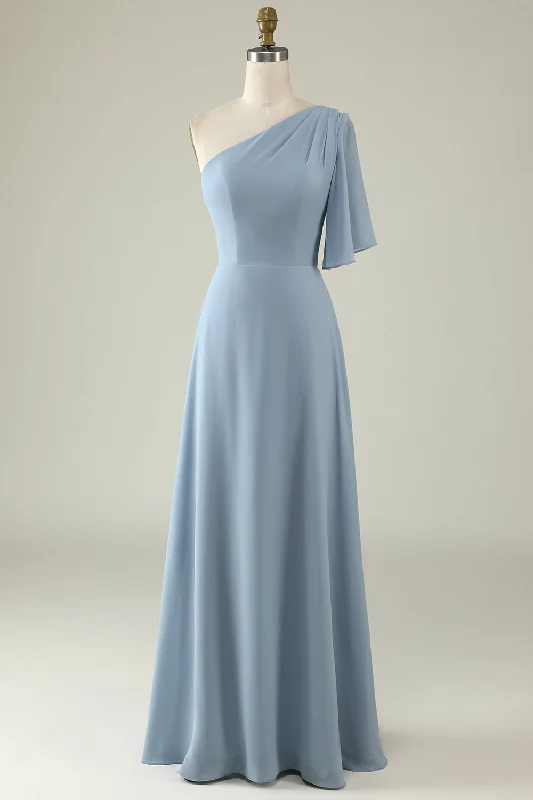 Price Fest Dusty Blue One-Shoulder Chiffon Bridesmaid Dress