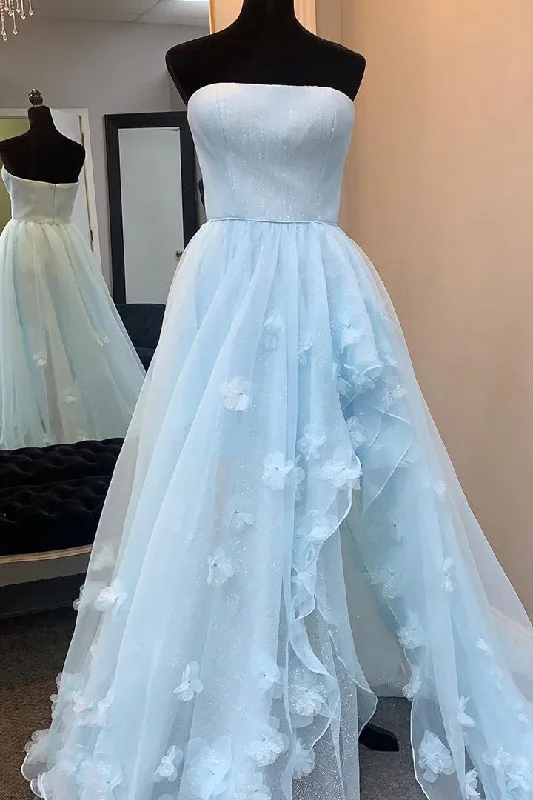 Savings Event Princess Strapless High Low Appliques Light Blue Prom Dress