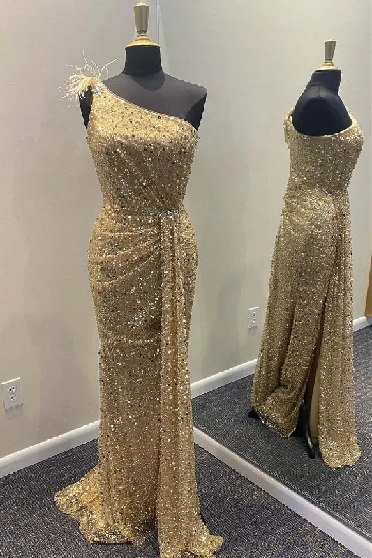 Stock Up and Save Elegant Champagne Sequins Formal Dress with One Shoulder