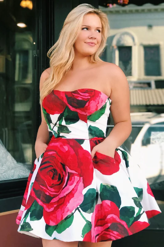 Great Bargains Strapless Floral Print White Homecoming Dress with Pockets