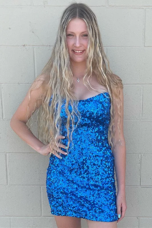 Bargain Prices Strapless Blue Sequin Mini Homecoming Dress