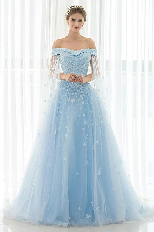 New Arrival Off Shoulder Appliques Lace-Up Sky Blue Long Prom Dress