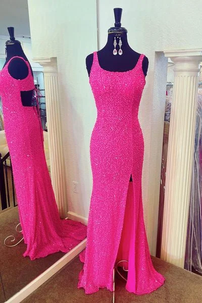 Season Finale Sale Lace-Up Square Neck Hot Pink Sequined Long Party Dress