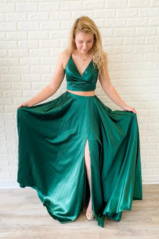 Big Discounts Two Piece Tie Back Emerald Green Long Prom Dress with Slit
