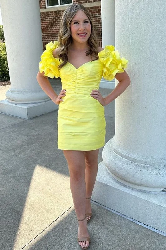 Hurry In Yellow Off-the-Shoulder Ruffles Tight Homecoming Dress