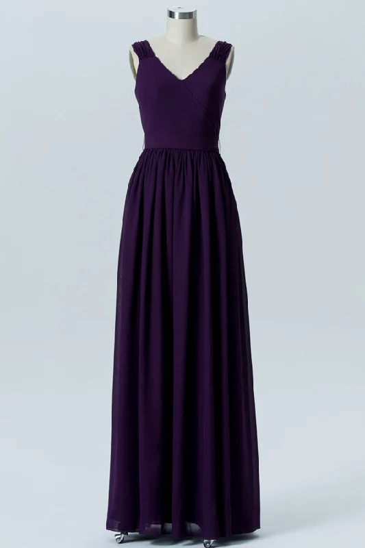 Take Advantage Double V-Neck Grape Long Bridesmaid Dress with Belt