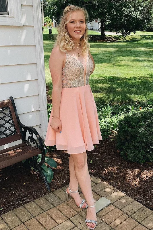 Price Drop Classy Beading Chiffon Short Homecoming Dress with Straps