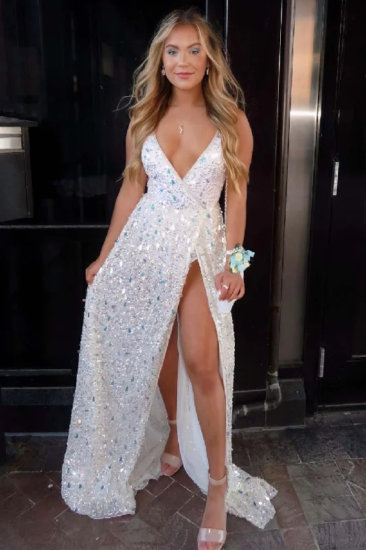 Exclusive Online Offer Sexy Deep V-Neck White Sequined Prom Gown