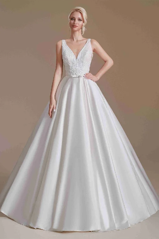 New Markdowns Gorgeous V-Neck White Floor Length Wedding Dress with Embirodery