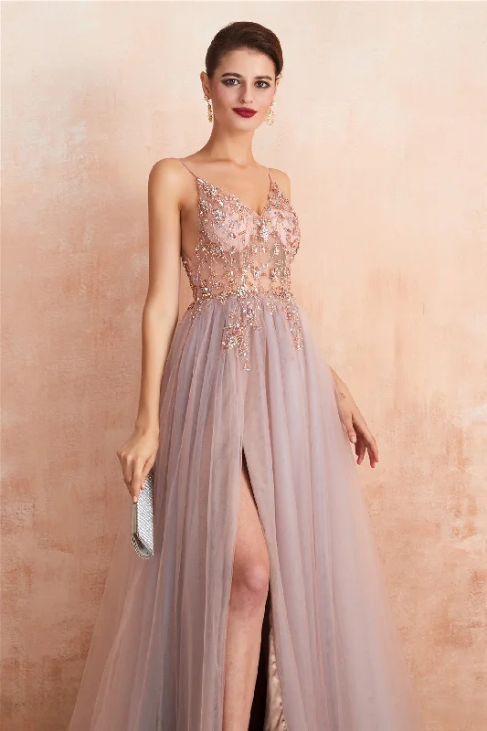Deal Frenzy Floral Beaded Rose Wood Tulle Long Prom Dress