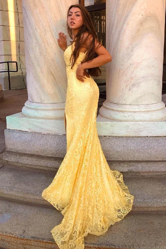 Don't Wait Mermaid Plunging Neck Yellow Lace Prom Dress with Slit