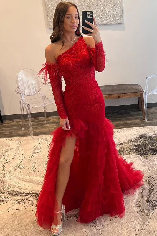 Price Drop Red One Shoulder Lace Mermaid Tiered Prom Dress with Detachable Sleeves