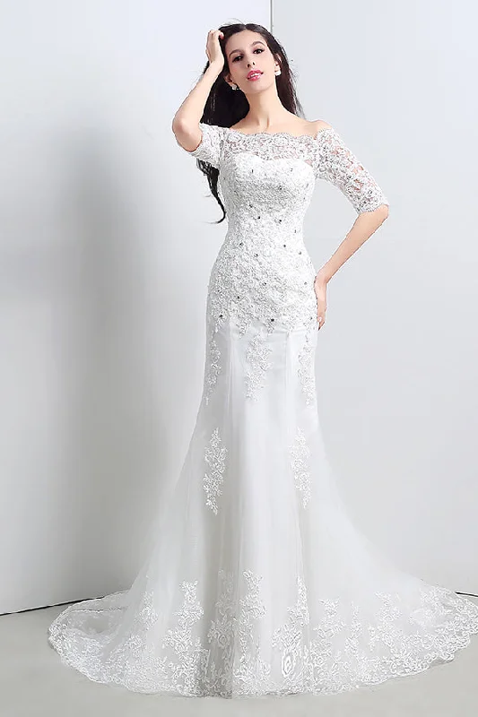 Super Sale Princess Off Shoulder Mermaid White Wedding Dress with Lace