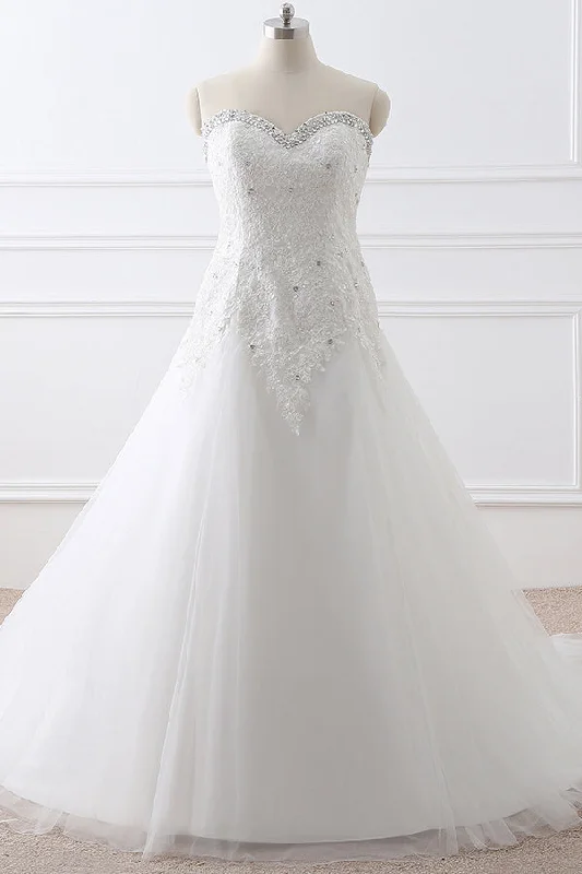 Markdowns Long Sweetheart Beaded A-line White Wedding Dress with Lace