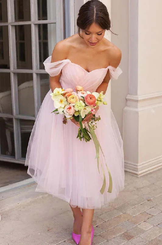 Limited Time Off the Shoulder Pleated Tea Length Pink Bridesmaid Dress
