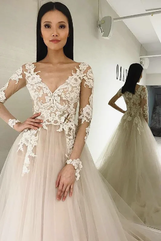 Price Rollback Long Sleeves A-line V-Neck Ivory Wedding Dress with Appliques