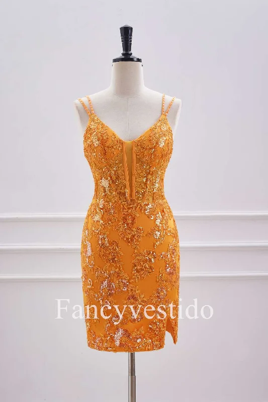 Markdowns Double Straps Orange Sequin Appliques Short Homecoming Dress