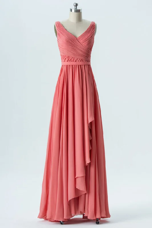 Anniversary Sale V-Neck Fulle Pleated Coral Bridesmaid Dress with Ruffles