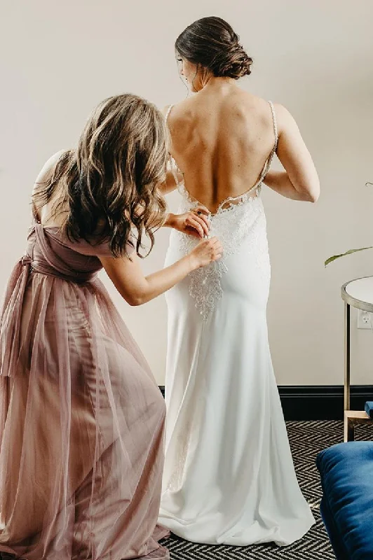 New Markdowns Open Back Mermaid Long White Chiffon Bridal Dress with Lace