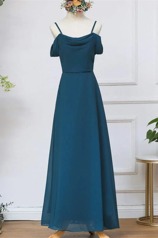 Special Price Cold Shoulder Ink Blue Chiffon Bridesmaid Dress