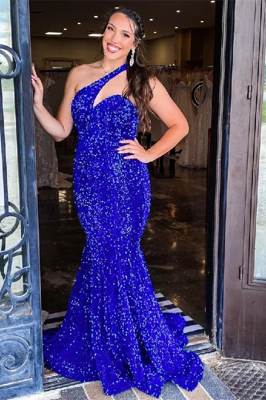 Don't Miss Mermaid One Shoulder Royal Blue Sequin Prom Dress