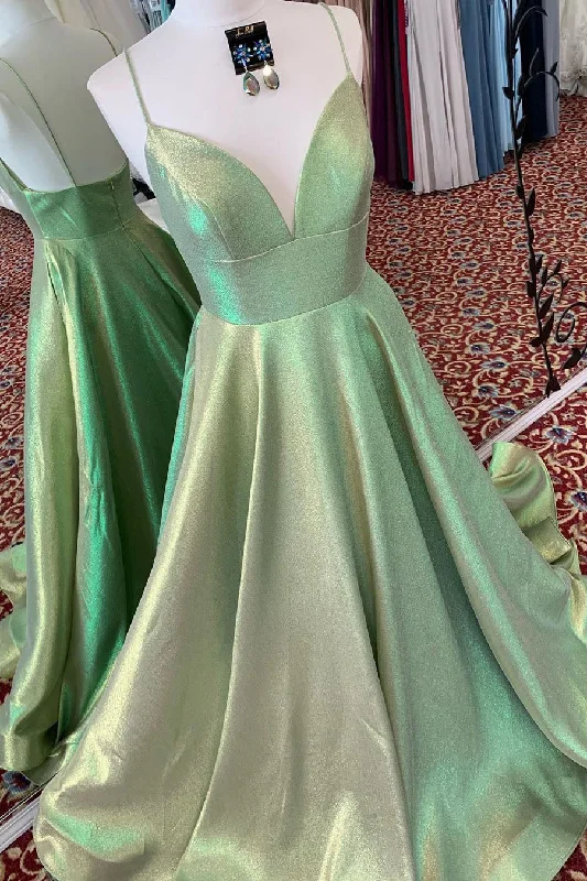 Buy Now Elegant A-Line Empire V-Neck Green Long Prom Dress with Straps