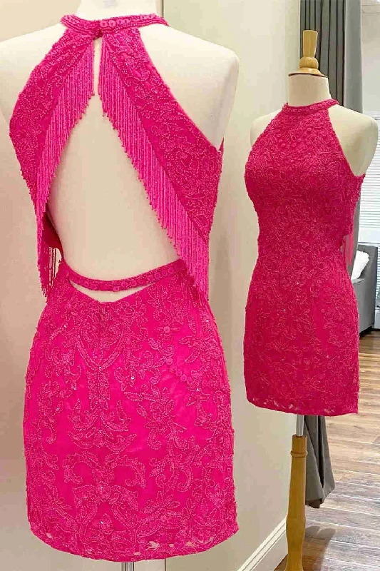 TIME-Limited Offer Gorgeous Hot Pink Beaded Tight Homecoming Dress with Tassel