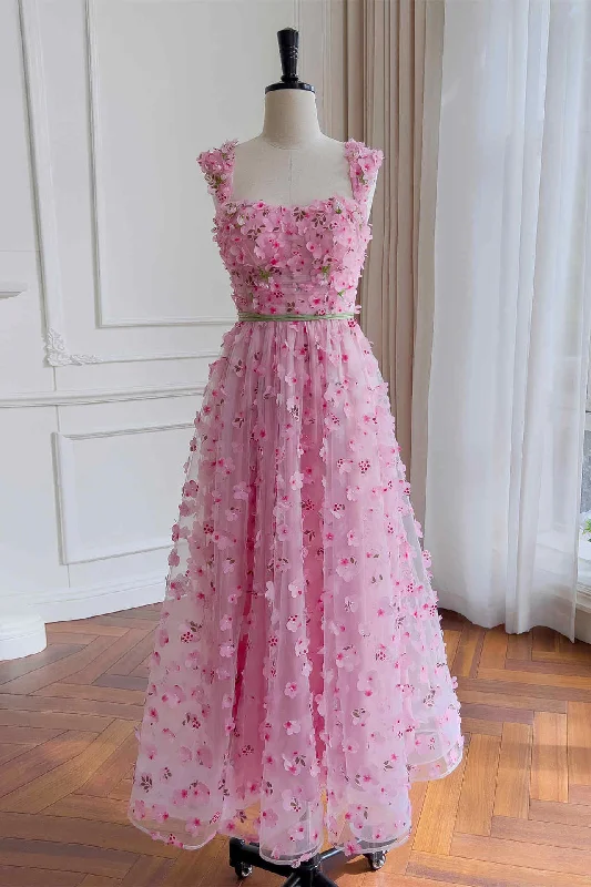 Deep Discounts Princess Pink Straps Flowers Long Party Dress with Sash