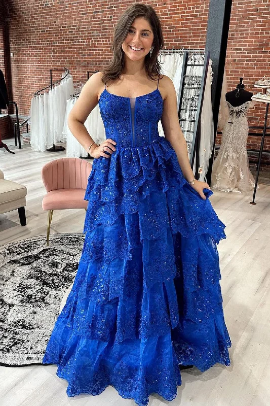 Can't Miss Royal Blue Straps Tiered A-Line Prom Dress with Sequins