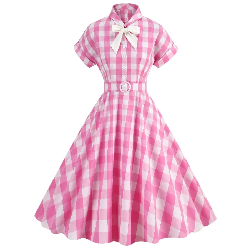 Hurry In Vintage Pink Plaid Short Sleeves Party Dress With Bowknot