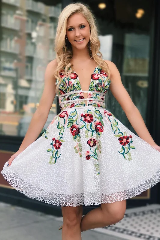 Special Price Plunging Neck Floral Embroidery White Homecoming Dress