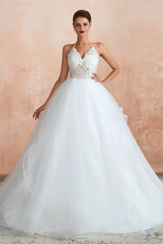 Final Sale Long Halter A-line Ball Gown White Wedding Dress with Lace