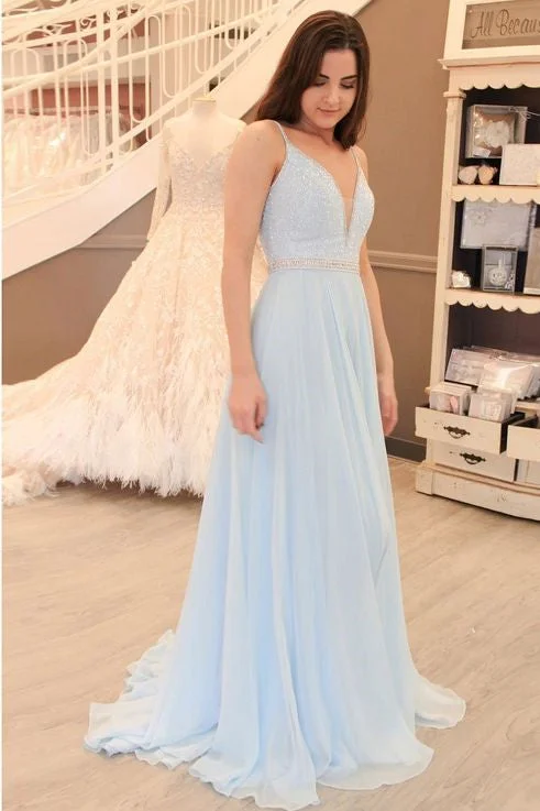 Weekend Deal A-line Beaded V-Neck Light Blue Long Prom Dress