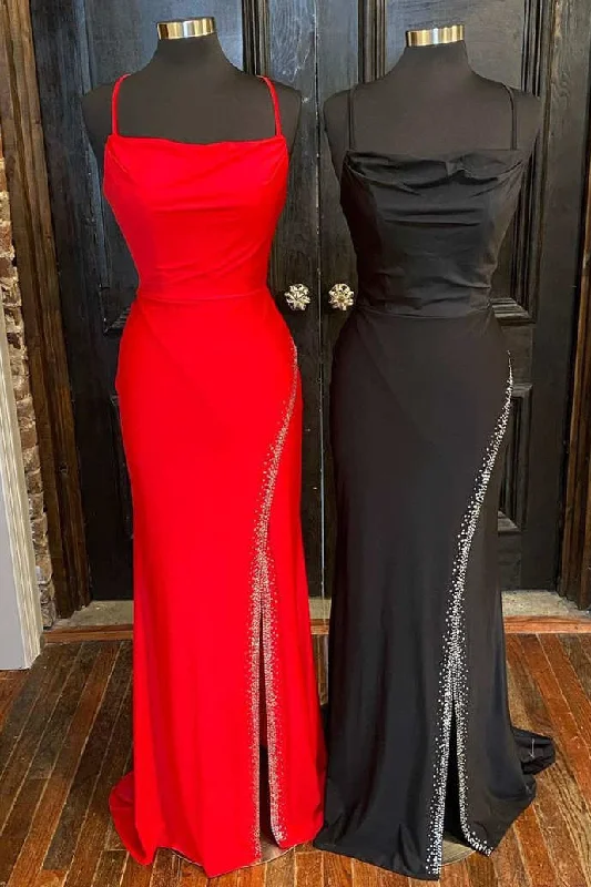 Deal Zone Simple Red Straps Prom Dress with Front Slit