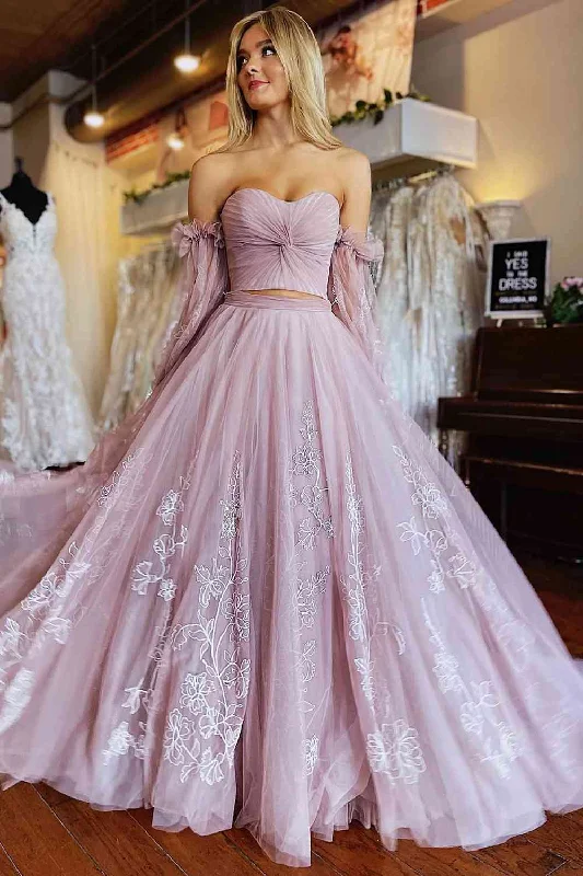 Price Cut Two Piece Blush Pink Pleated Top Lace Long Prom Dress