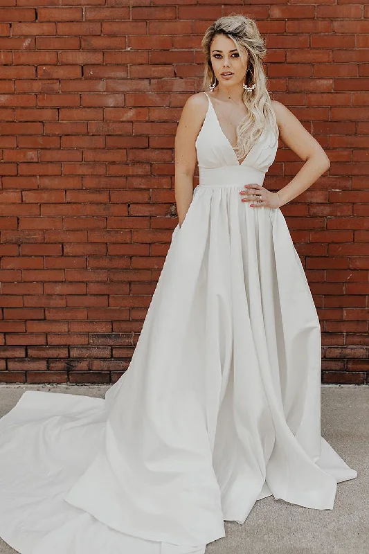 Best Seller Long Deep V-Neck Empire A-line Ivory Wedding Dress with Train