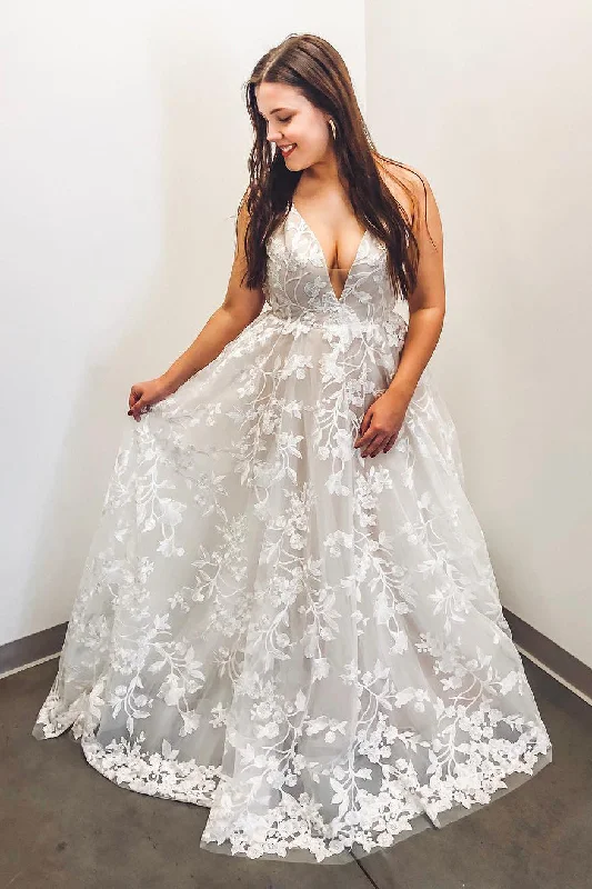 Big Discounts Long A-line V-Neck Floral Appliques White Wedding Dress
