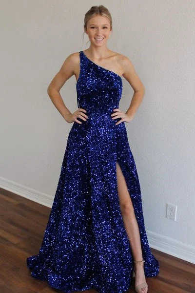 Markdown Madness Royal Blue A-Line One Shoulder Sequined Long Party Dress