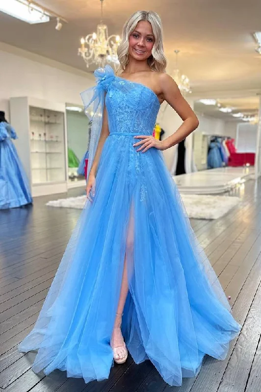 Buy Now Blue One Shoulder Lace Ruched A-Line Tulle Prom Dress with Bow