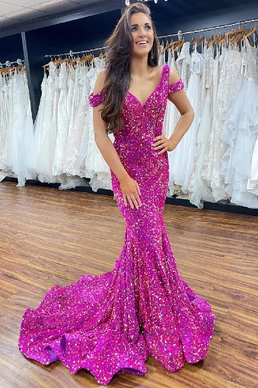 Lowest Prices Mermaid Off-the-Shoulder Fuchsia Sequins Long Prom Dress