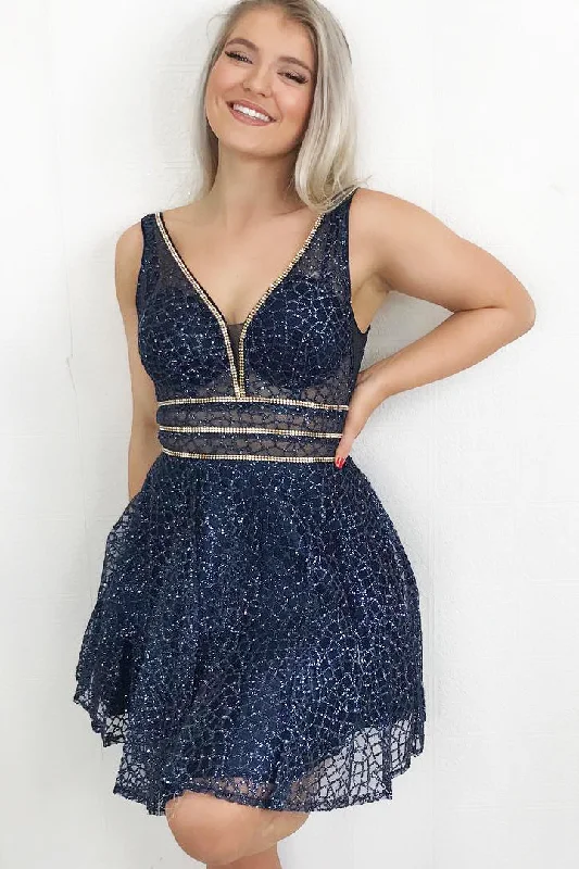 Warehouse Sale Sparkle Fit and Flare Navy Blue Homecoming Dress