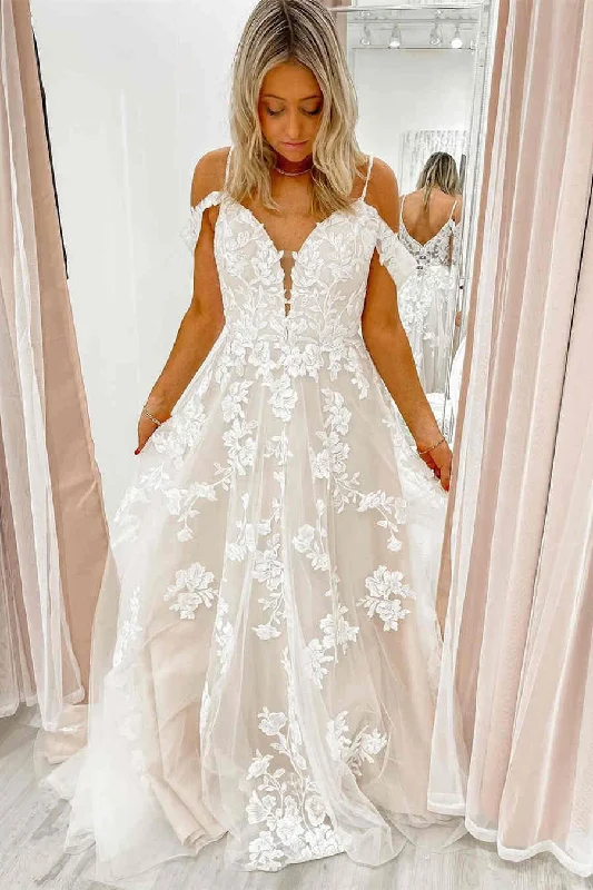 Super Sale Elegant Cold Shoulder Ivory Tulle Wedding Dress