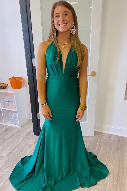 Limited Availability Backless Green Halter Rhched Mermaid Long Prom Dress