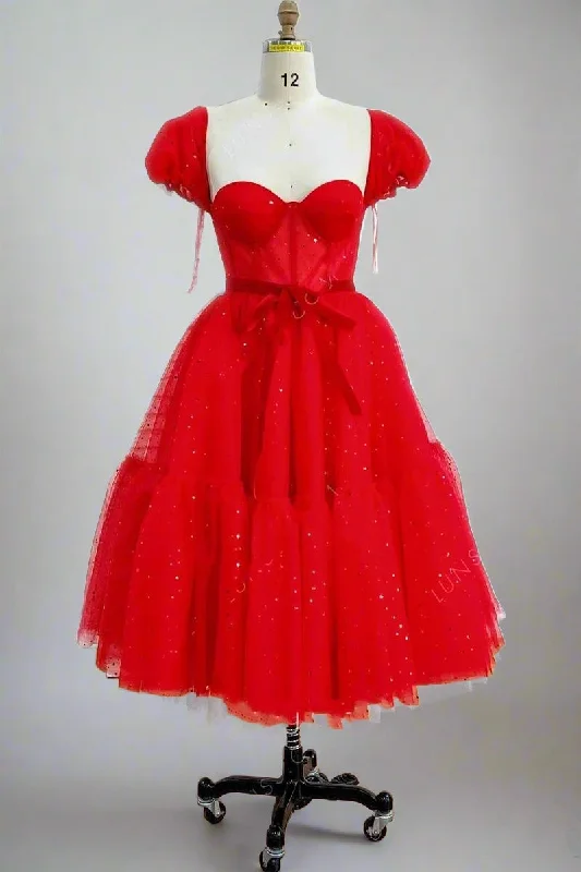 Deep Discounts Sweetheart Red Balloon Sleeves Short Party Dress