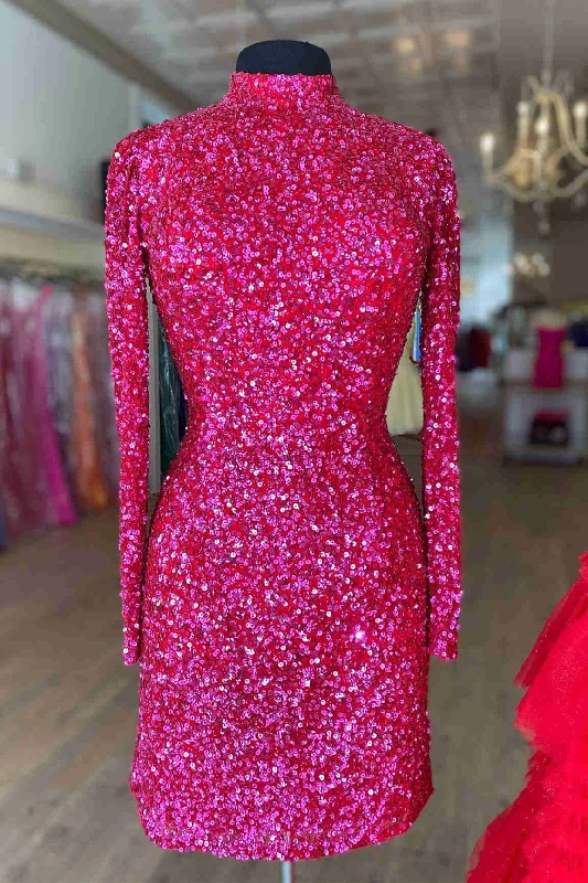 Price Drop Long Sleeves High Neck Fuchsia Sequins Homecoming Dress