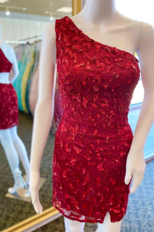 Bargain Bin One Shoulder Red Tight Homecoming Dress with Sequin Appliques