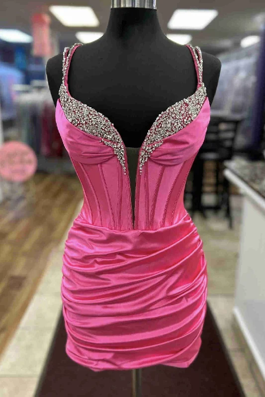 Deal Dash Double Straps Hot Pink Beaded Ruched Short Dress